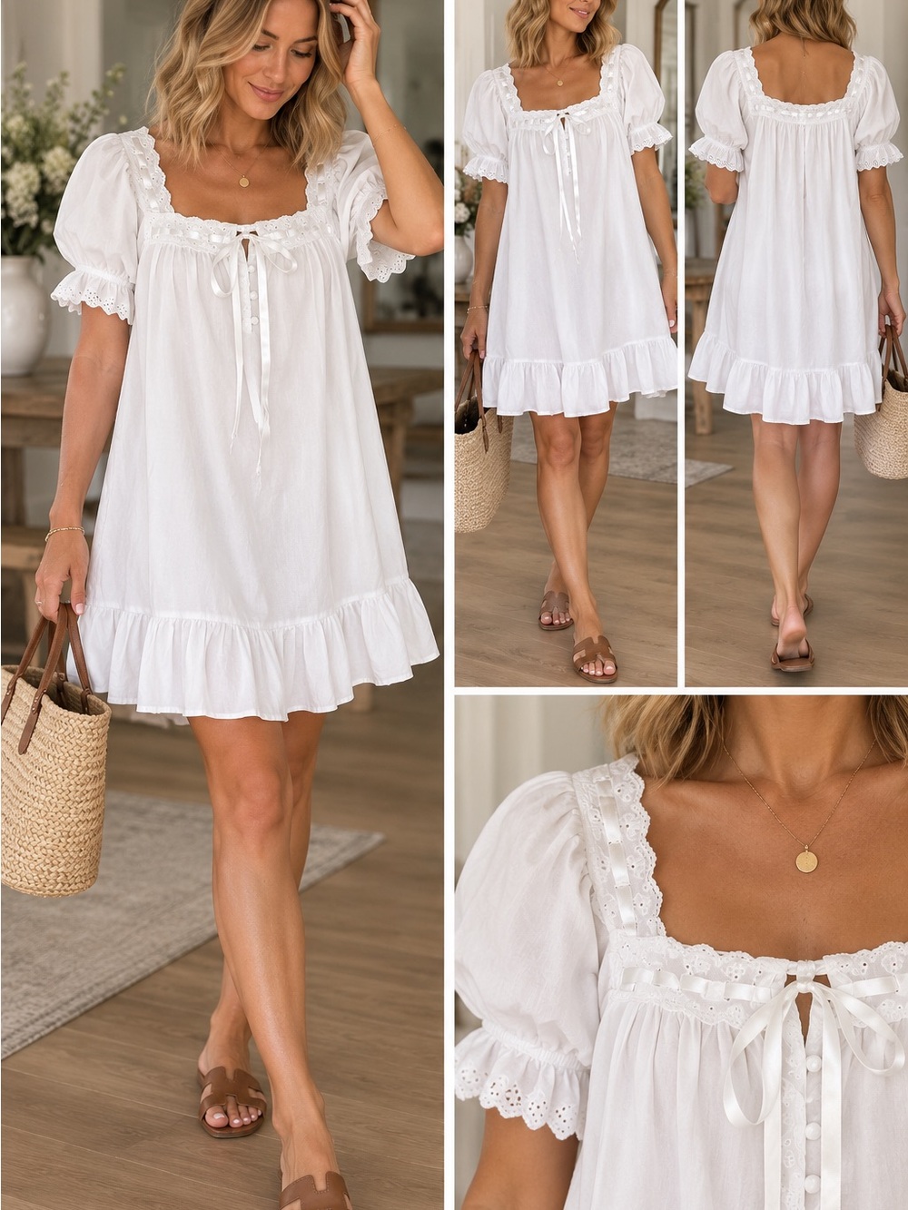 White cotton nightgown/dress L Lace Coquette Cottagecore Babydoll
